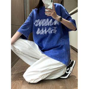 2025夏季女士学生t恤宽松短袖水洗印花短袖男XS005-P3558图片