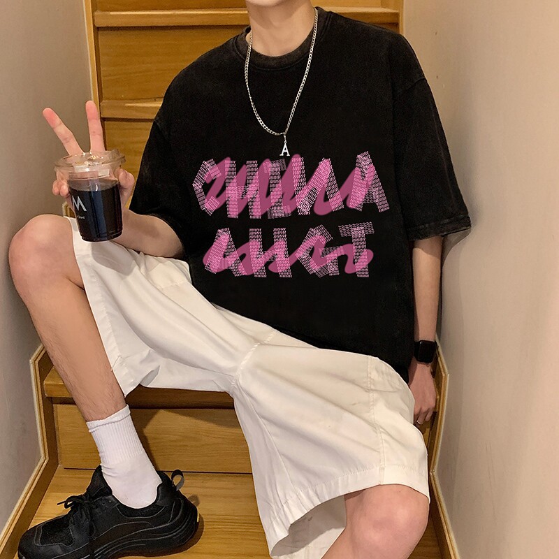 2025夏季港风情侣短袖水洗蜡染短袖男XS005-P3558,男装T恤,星座912-1（原星座914-5）