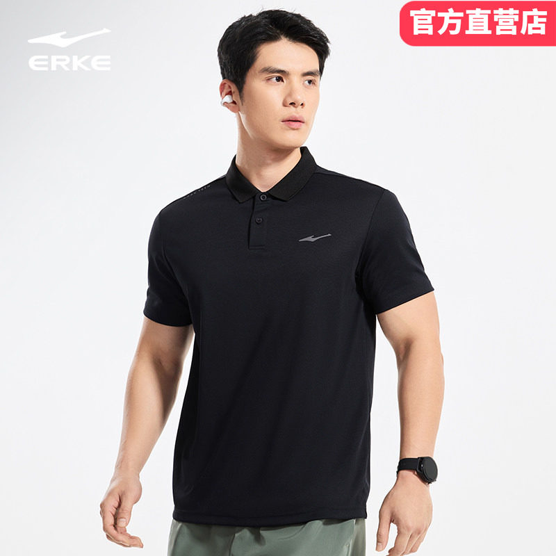 鸿星尔克polo衫男2026夏季新款男士运动速干冰丝短袖t恤黑色上衣