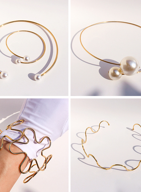 欧美小众外贸饰品时尚夸张珍珠项圈波浪线条项链镂空花朵手镯V253