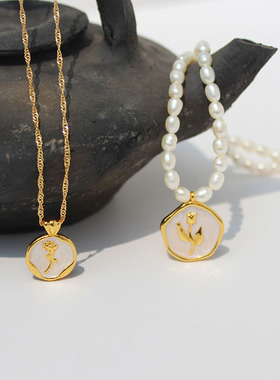 真空电镀不掉色Vintage珐琅郁金香项链淡水珍珠玫瑰花锁骨链B462