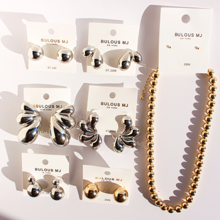 外贸饰品欧美光面设计大小圆球耳钉抽象翅膀夸张耳环圆珠项链384