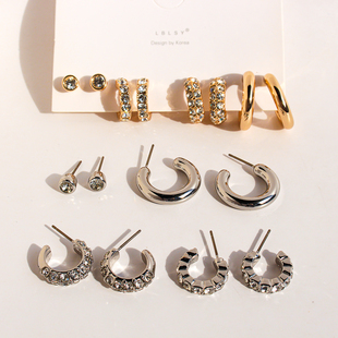 四组套装外贸饰品极简精致闪钻耳环经典C形耳圈通勤百搭耳钉V326