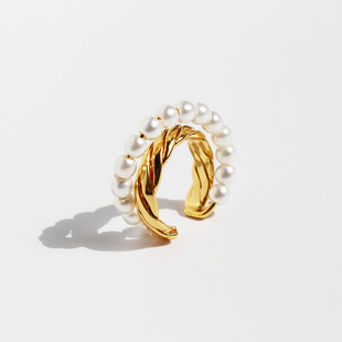 法式温柔复古气质高级金色螺旋纹交叉珍珠双层耳骨夹无耳洞耳夹28