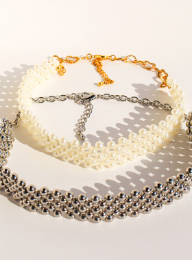 外贸饰品欧美风银球编织锁骨颈链优雅气质珍珠串珠choker项链V338