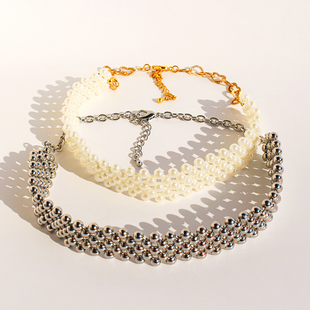 外贸饰品欧美风银球编织锁骨颈链优雅气质珍珠串珠choker项链V338