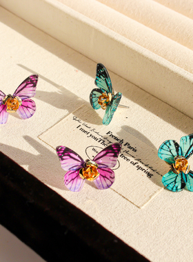 外贸饰品小众闪耀彩色亮片立体蝴蝶耳钉金色玫瑰花蕊时尚耳饰V204