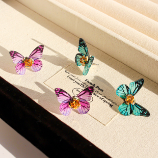 外贸饰品小众闪耀彩色亮片立体蝴蝶耳钉金色玫瑰花蕊时尚 耳饰V204