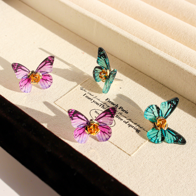 外贸饰品小众闪耀彩色亮片立体蝴蝶耳钉金色玫瑰花蕊时尚耳饰V204