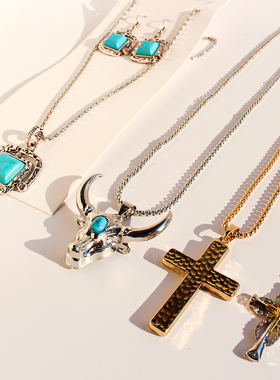 外贸饰品天然蓝松石方块项链耳环套装闪钻撞色十字架毛衣链潮349