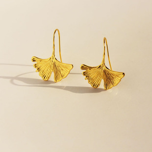 黄铜镀真金欧美夸张个性 金色银杏叶耳环女潮金属扇形叶子耳饰B334