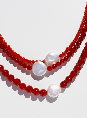 欧美法式复古红玛瑙手工串珠项链女时髦高级巴洛克珍珠锁骨链B544