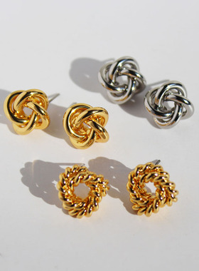 黄铜镀真金ins冷淡风麻花扭结圆形耳钉欧美光面金色打结耳饰B551