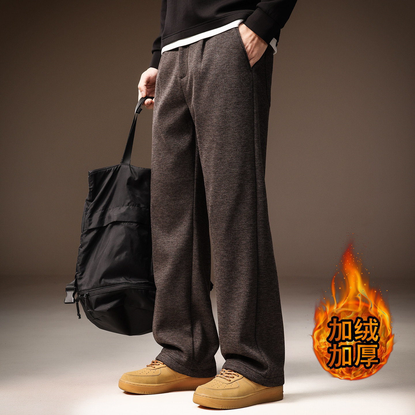 香港老钱风含羊毛休闲裤男士冬季加绒加厚宽松直筒慵懒风垂感长裤