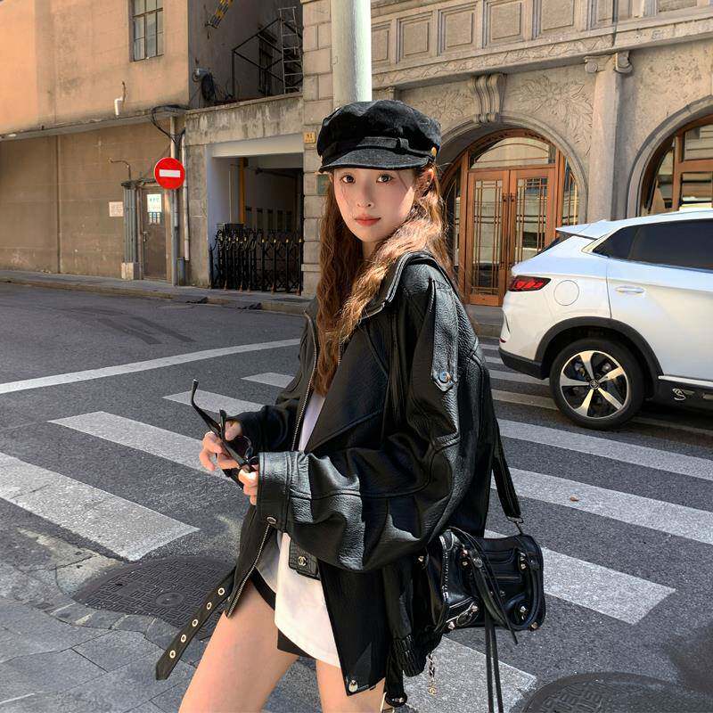 机车皮衣外套女2025早秋新款酷飒风黑色宽松bf美式高级感超火夹克