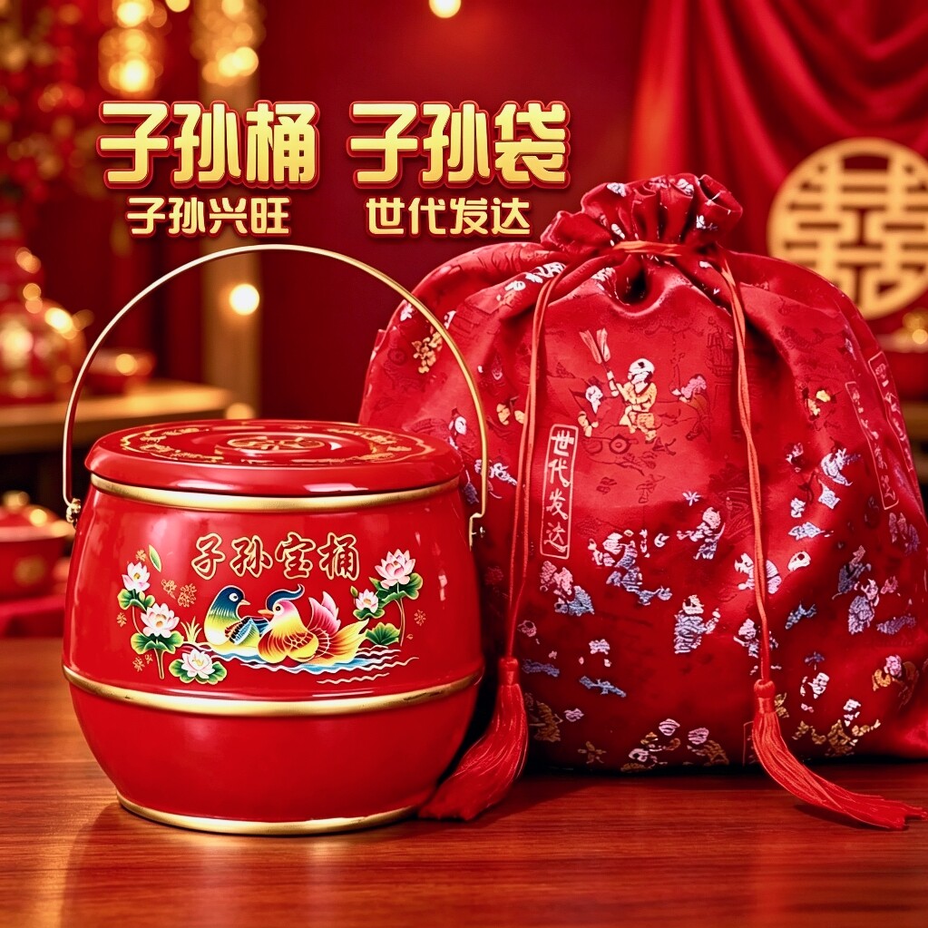 结婚新娘嫁妆子孙桶子孙袋五宝图片