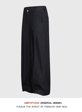 Meet 美式 复古 黑色 休闲裤 男女 潮牌 直筒 宽松 阔腿 牛仔裤子