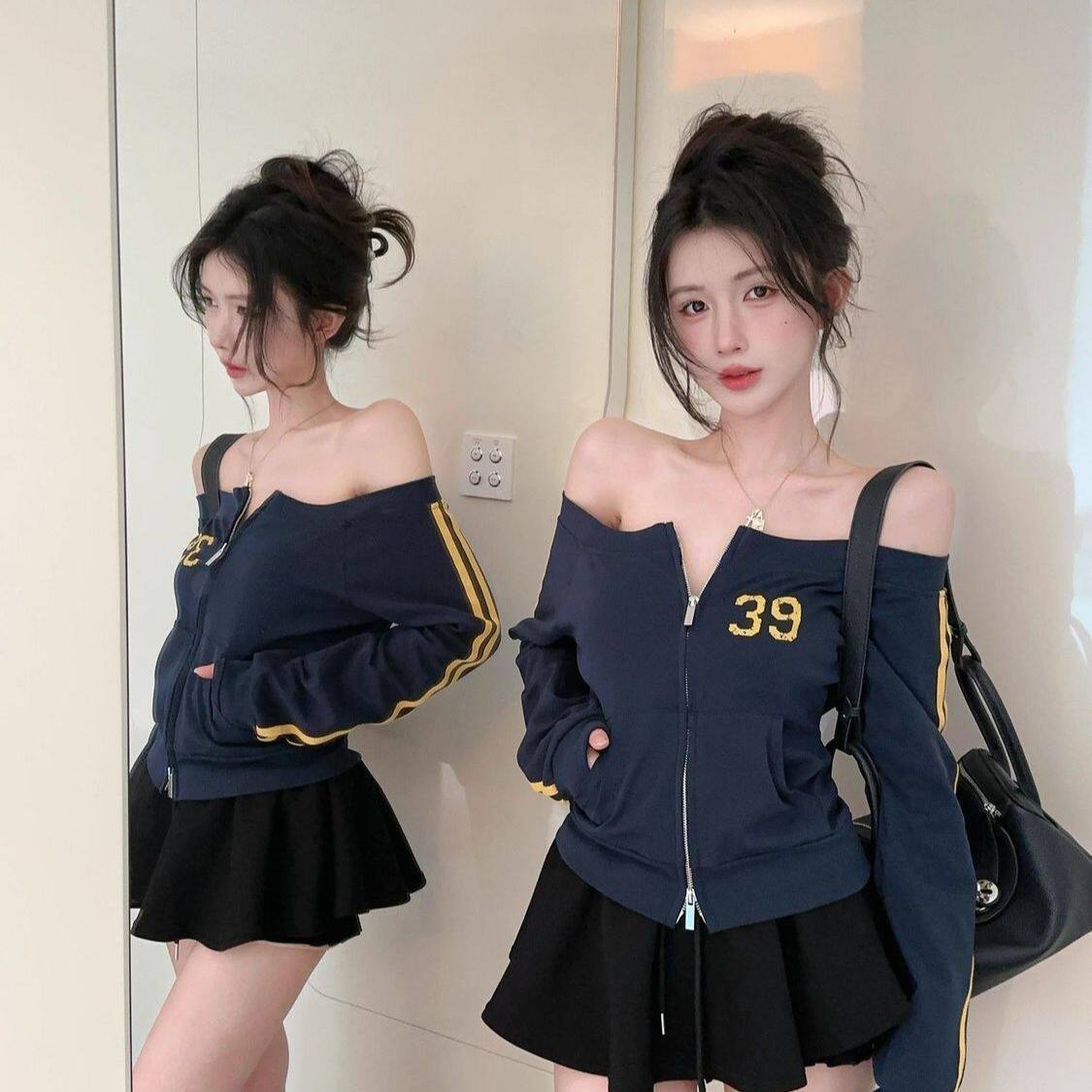 美式辣妹一字肩拉链卫衣外套