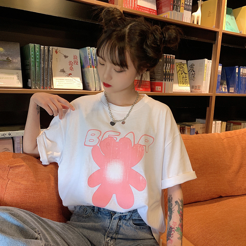 New chic fun cartoon letter printed T-shirt with thin round neck and short sleeves