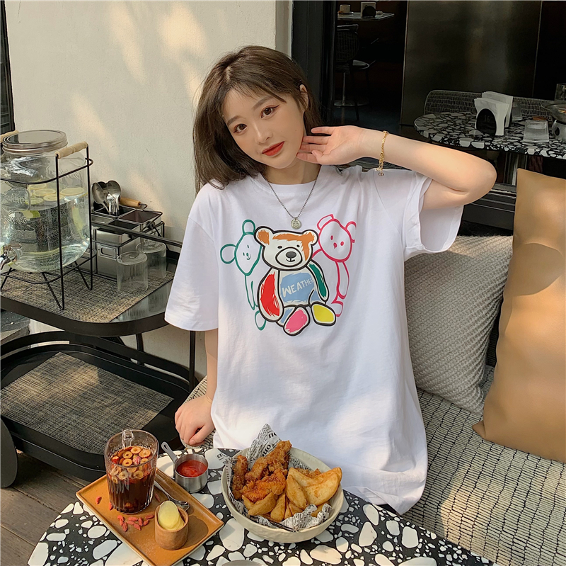 Real shot real price Korean version ins personalized graffiti bear t Loose thin versatile casual bottom shirt