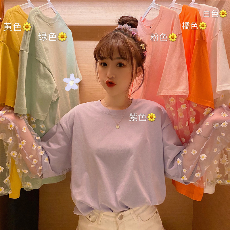 Real photo, real price, multi-color, sweet splicing, fake two pieces of small daisy net T-shirt, round collar and top