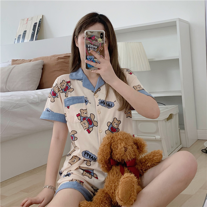 Real price summer chic casual Pajamas Set cute bear print loose home wear