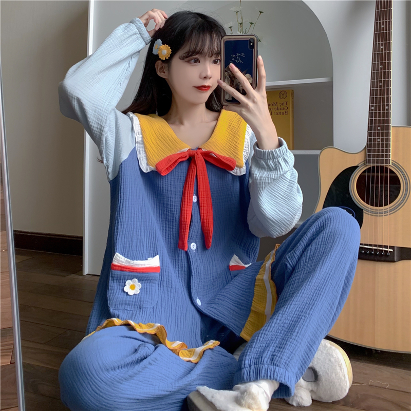 Japanese sweet baby collar pajamas female spring and autumn girls loose home clothes can be worn out