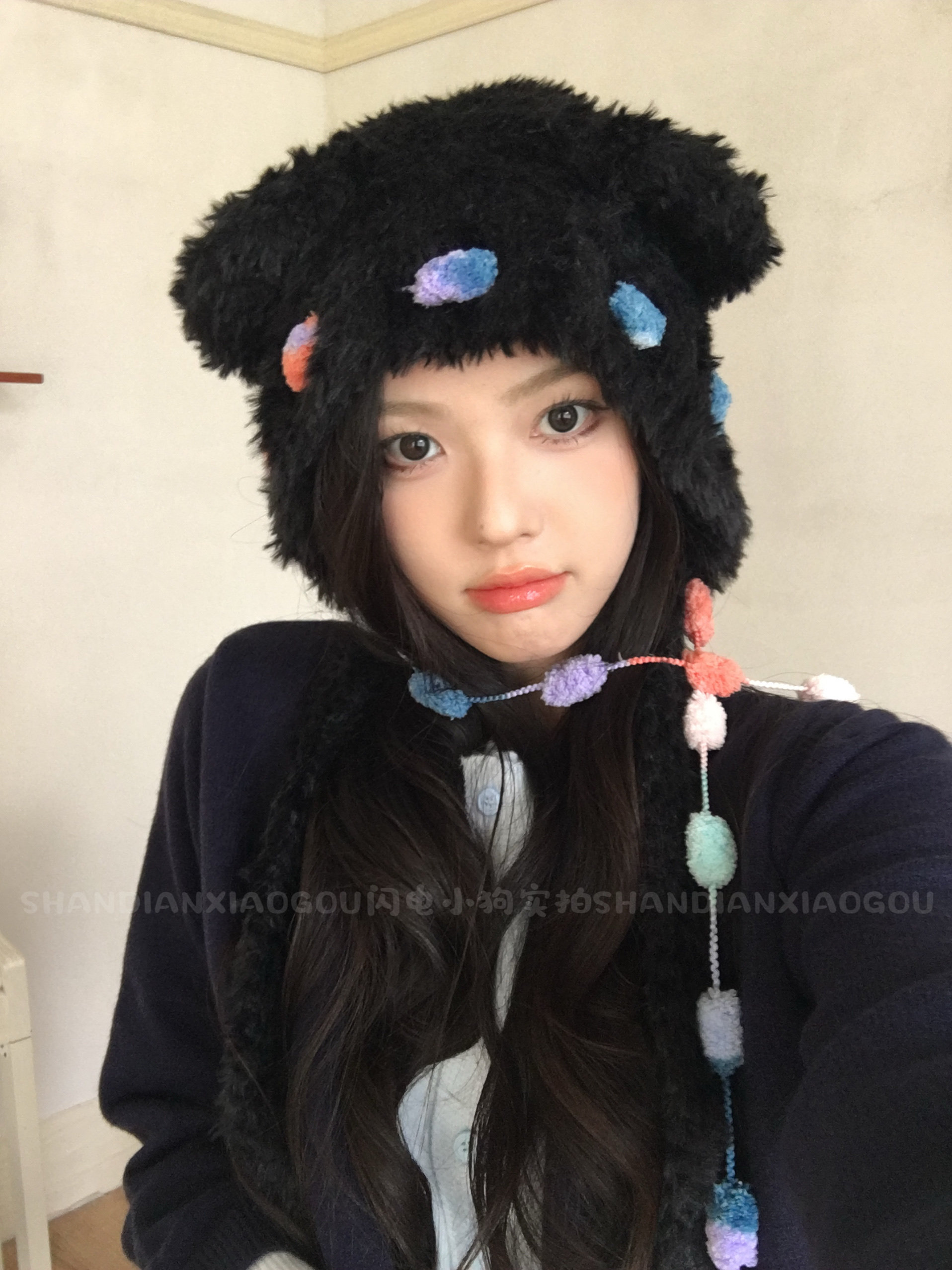 日系可爱毛茸茸小熊/耳朵雷锋帽子女秋冬季保暖彩色绑带护耳帽