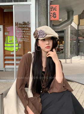 【亚麻花朵褶皱帽】报童帽子女春秋薄款文艺大头围贝雷帽
