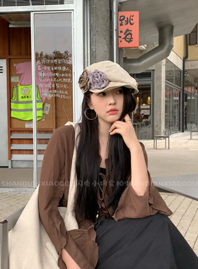 【亚麻花朵褶皱帽】报童帽子女春秋薄款文艺大头围贝雷帽