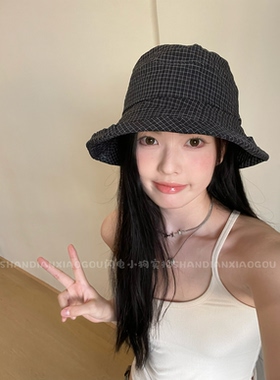 出口韩国定制版格子遮阳渔夫帽*高品质韩版春夏女盆帽夏季黑色