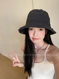 出口韩国定制版格子遮阳渔夫帽*高品质韩版春夏女盆帽夏季黑色
