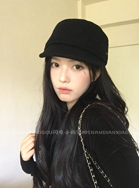 闪电小狗软顶羊毛马术帽*平顶气质毛呢百搭黑色复古时尚冬季帽子