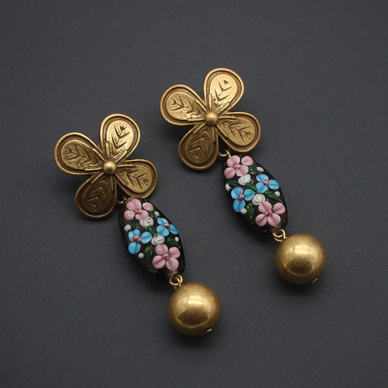 中古小众首饰黄铜镀24k老金工艺耳环意大利花朵琉璃高贵古董首饰