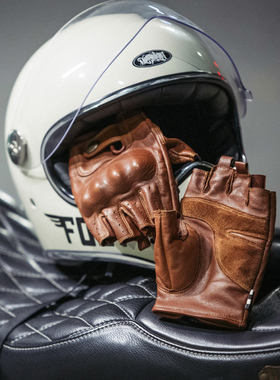 福禄车库&reg;夏季复古真牛皮摩托机车透气做旧半指骑行防护手套