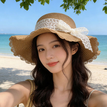帽子女春夏草帽海边沙滩防晒帽女防紫外线防晒帽出游大帽檐太阳帽