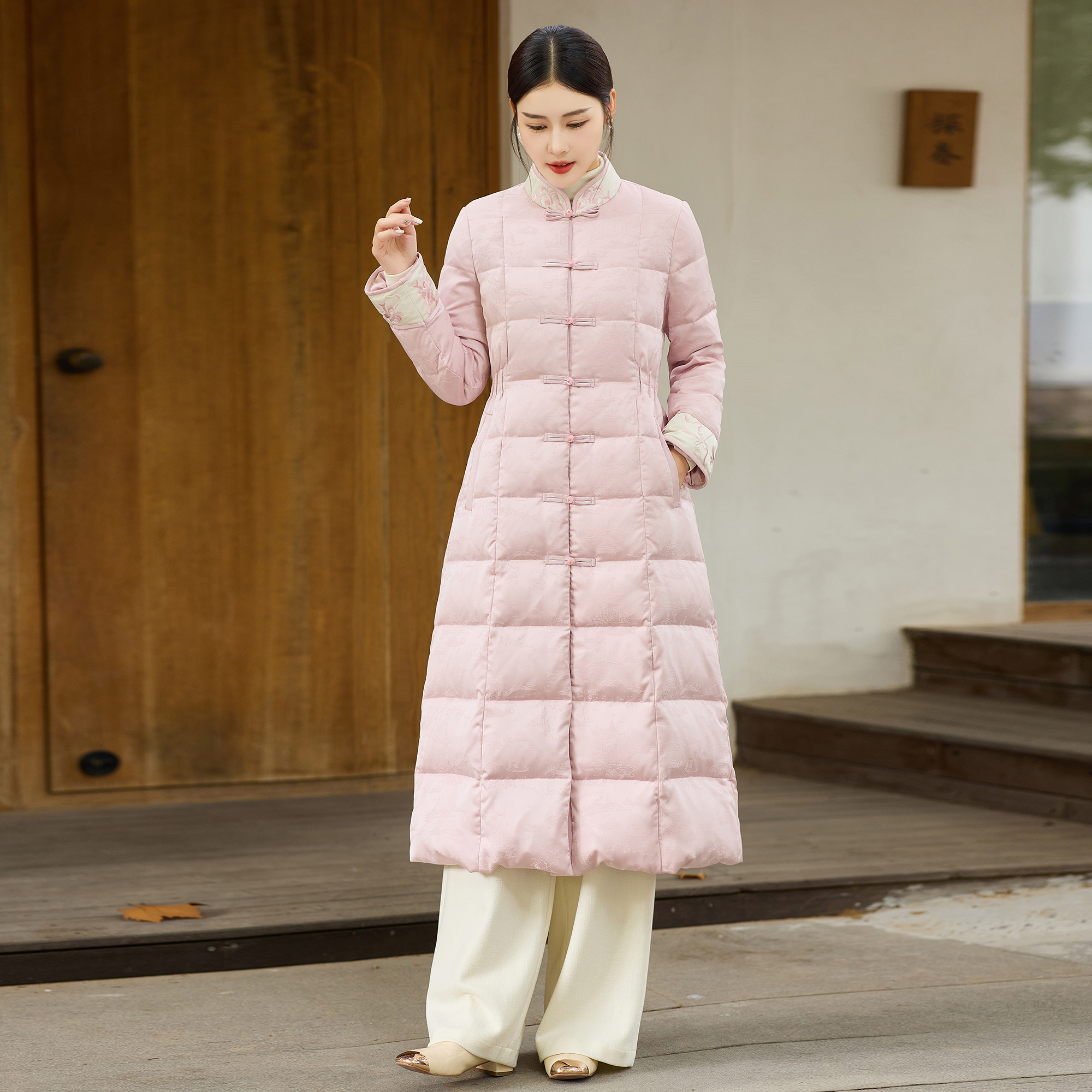 新中式国风羽绒服中长款立领绣花