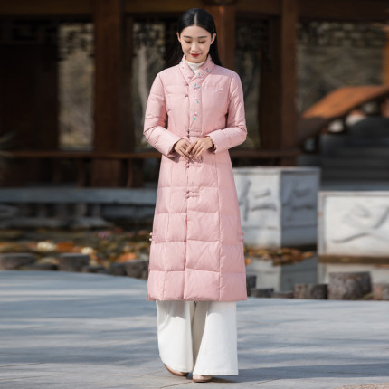 中式国风刺绣盘扣复古改良羽绒服秋冬女加厚禅意茶服中长款旗袍