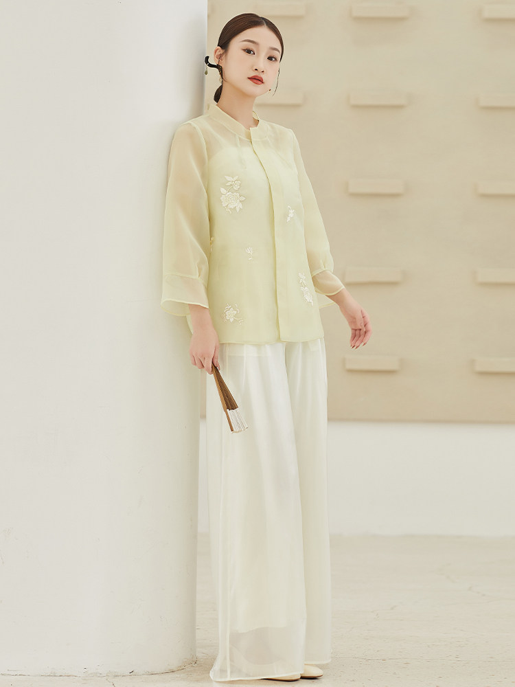 IMPROVED NEW CHINESE ZEN TEA COSTUME TANG COSTUME WOMENS 2024 SPRING|SUMMER WILD BUCKLE NATIONAL STYLE SHIRT HANFU TOP SET