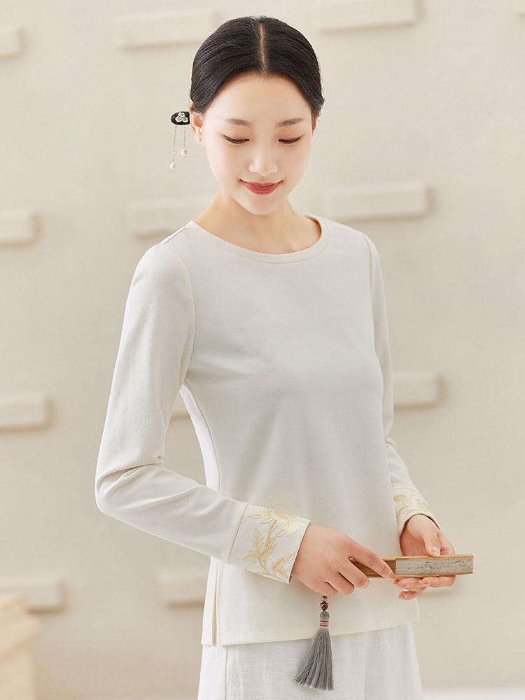 HANFU BASE LAYER LONG SLEEVES RETRO WOMENS HIGH-END EMBROIDERY TANG COSTUME CHINESE STYLE SHORT AND VERSATILE TOP T-SHIRT