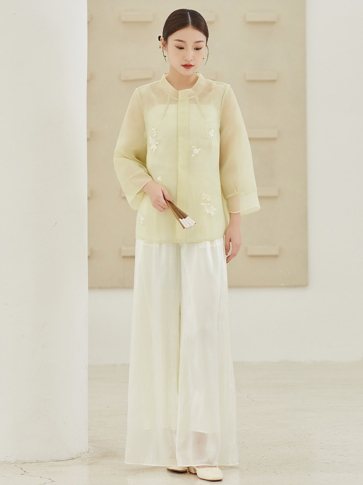 IMPROVED NEW CHINESE ZEN TEA COSTUME TANG COSTUME WOMENS 2024 SPRING|SUMMER WILD BUCKLE NATIONAL STYLE SHIRT HANFU TOP SET