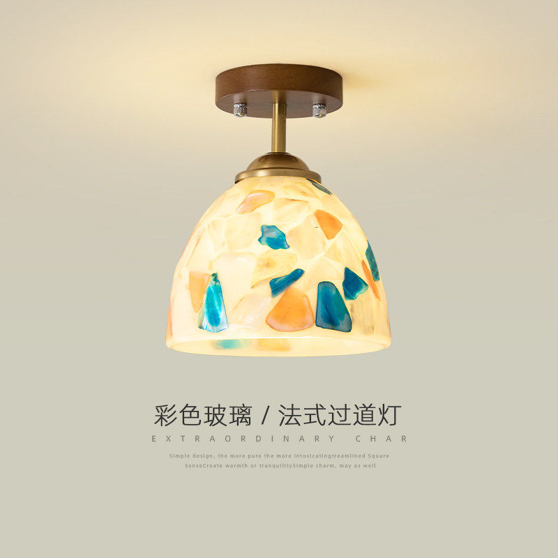 中古风走廊实木玻璃过道灯法式复古胡桃木纹高级感入户玄关阳台灯