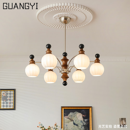 法式中古风客厅灯复古新中式白蜡木大厅主灯设计师高级感卧室吊灯