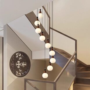 宋代美学楼梯长吊灯法式中古风复式别墅旋转实木高层中空大客厅灯