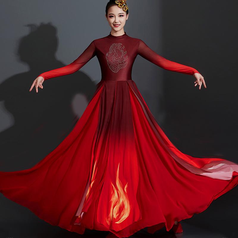 新款古典开场舞演出服六一红色主题星星之火双层大摆裙扇子舞万疆