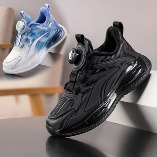 冬天皮面儿童加厚运动棉鞋男童鞋子全黑色中大童小男孩加绒跑步鞋