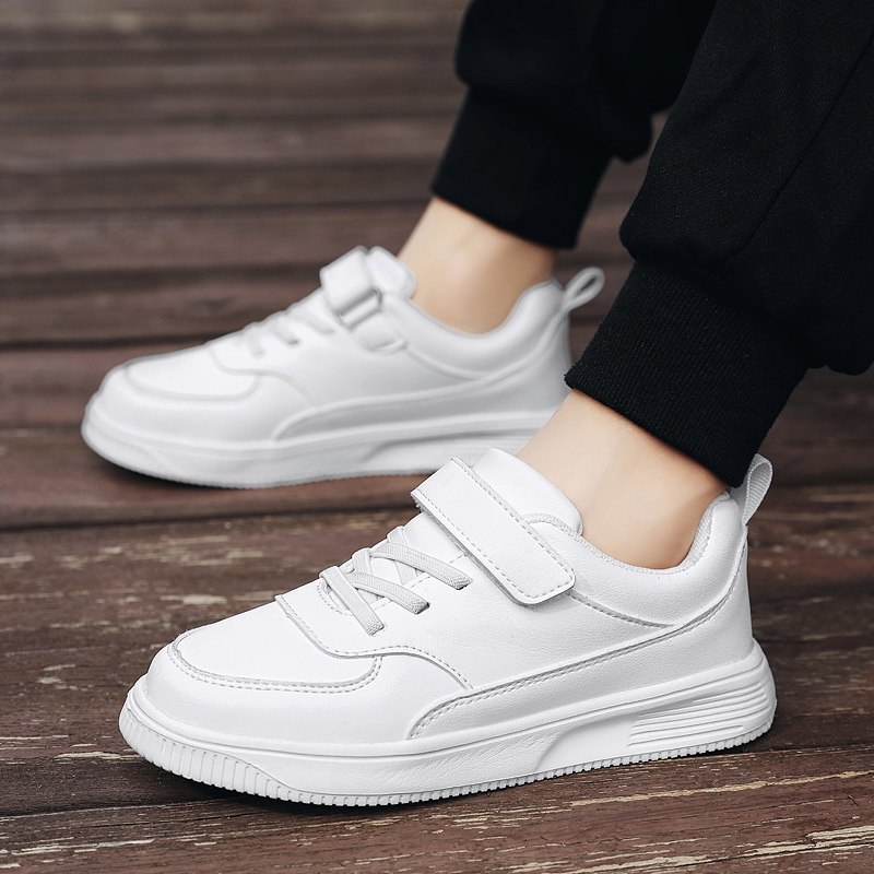 皮面儿童运动小白鞋男童鞋子中大童球鞋女孩休闲鞋学生板鞋全黑色