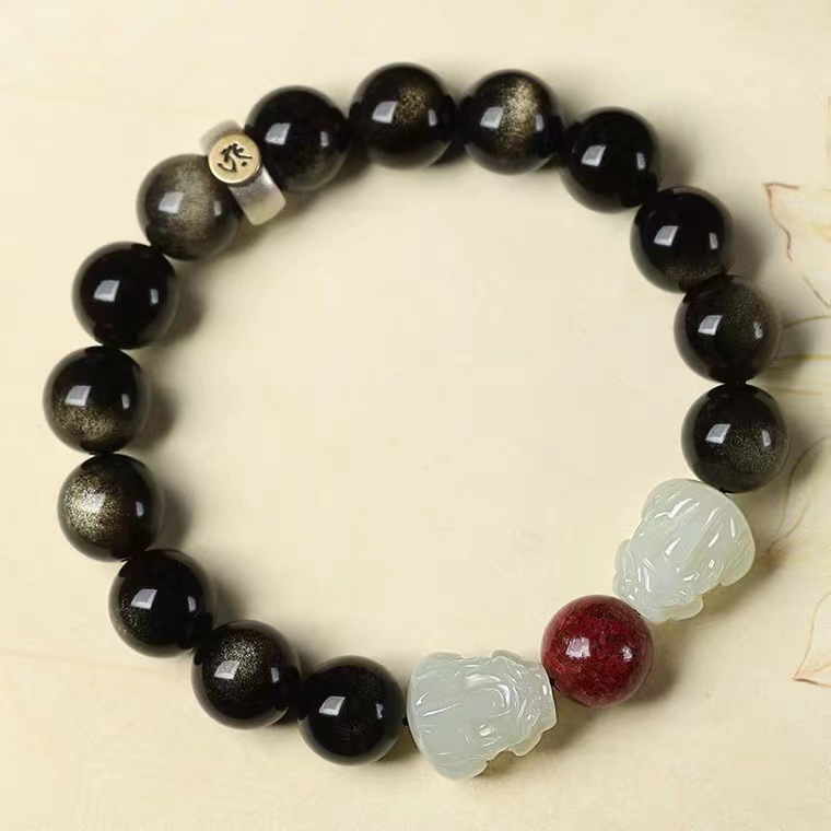 黑曜石和田玉双貔貅手链金曜石男女情侣佛珠手串皮丘生肖虎本命佛