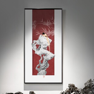 新中式玄关装饰画太湖石竹子禅意酒店大堂挂画茶室饭店酒楼壁画