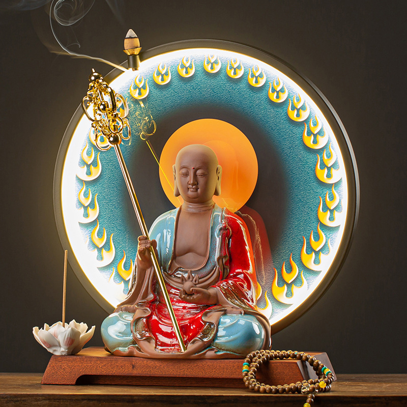 禅意灯圈大摆件地藏王带法杖陶瓷佛像别墅会所客厅镇宅软装工艺品